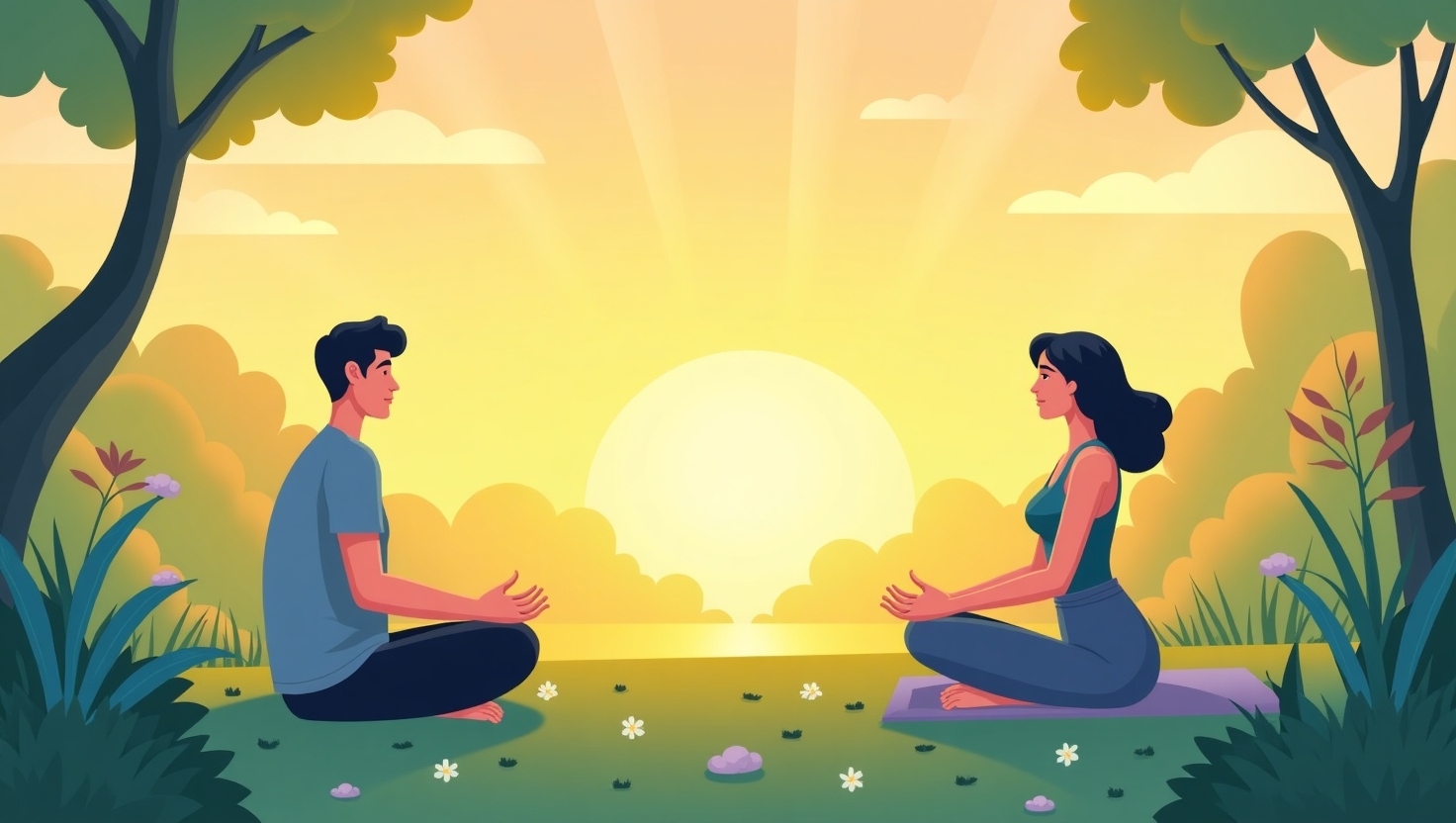 "Illustrate a vibrant morning routine scene in nature where an individual is meditating at sunrise, practicing mindful movement like yoga, and enjoying a peaceful walk in a lush park. The image should evoke energy integration into daily life with soft, uplifting colors and natural elements that emphasize balance and renewal.