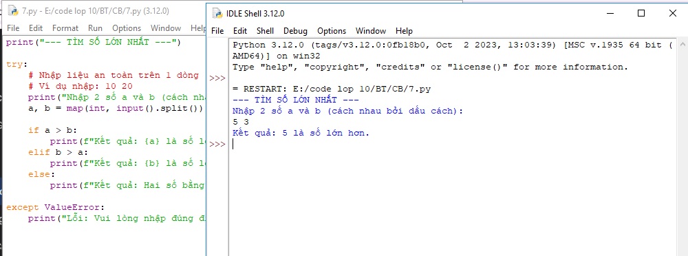 Bài tập Python 4: Tìm số lớn nhất trong 2 số a và b