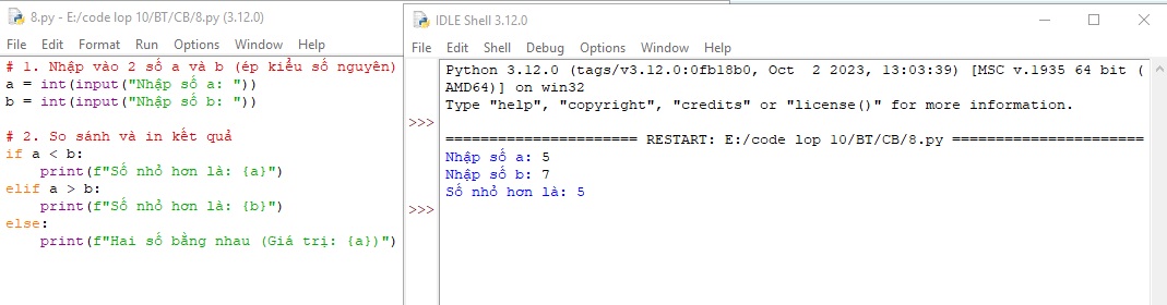 Bài tập Python 5: Tìm số nhỏ nhất trong 2 số a và b