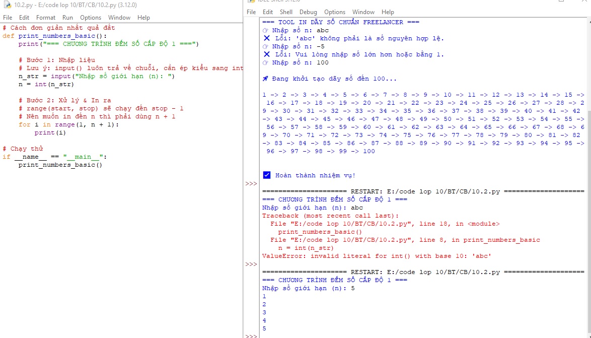 Bài tập Python: In Dãy Số Từ 1 Đến N